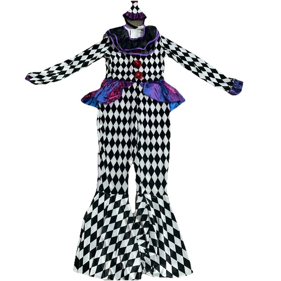 Italian Harlequin Jester Carnival Clown Costume Youth Size 14-16 Black & White - Picture 4 of 10